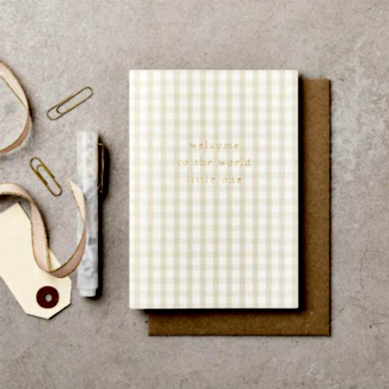 Gingham Welcome World New Baby Card Katie Leamon