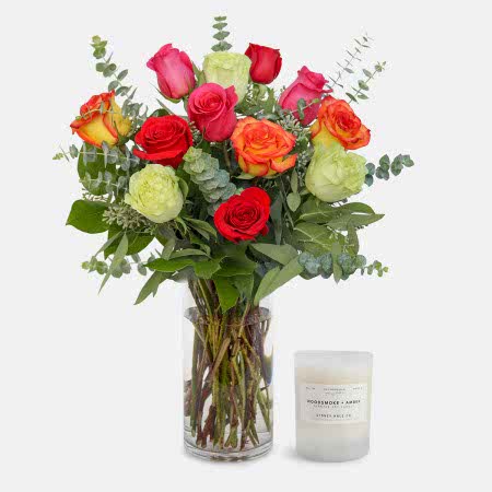 1-Dozen Multicolor Roses + Sydney Hale Candle