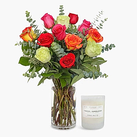 1-Dozen Multicolor Roses + Sydney Hale Candle