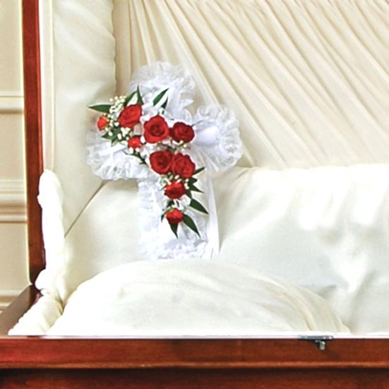 Red & White Satin Cross Casket Pillow Personal Sympathy Tributes