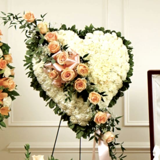 White Heart with Peach Rose Break Sympathy Hearts