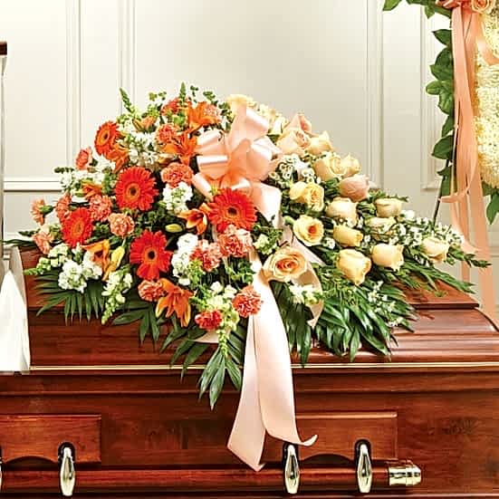 Cherished Memories Half Casket Cover-Peach & White Sympathy
