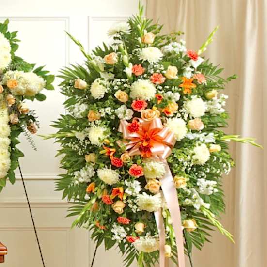 Deepest Sympathy Standing Spray-Peach/Orange/White Sympathy