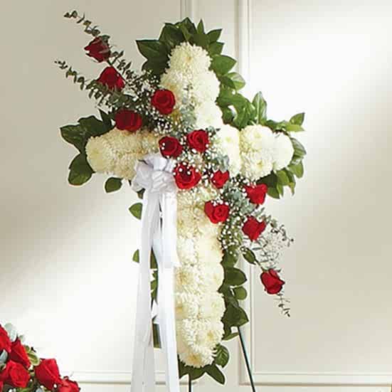 Sympathy Cross on Easel Red and White Sympathy