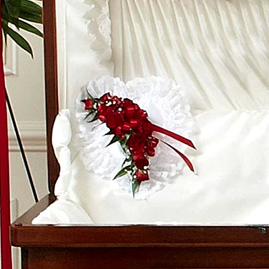 Red and White Satin Heart Casket Pillow Personal Sympathy Tributes