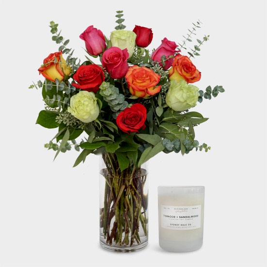 1-Dozen Multicolor Roses + Sydney Hale Candle I'm Sorry