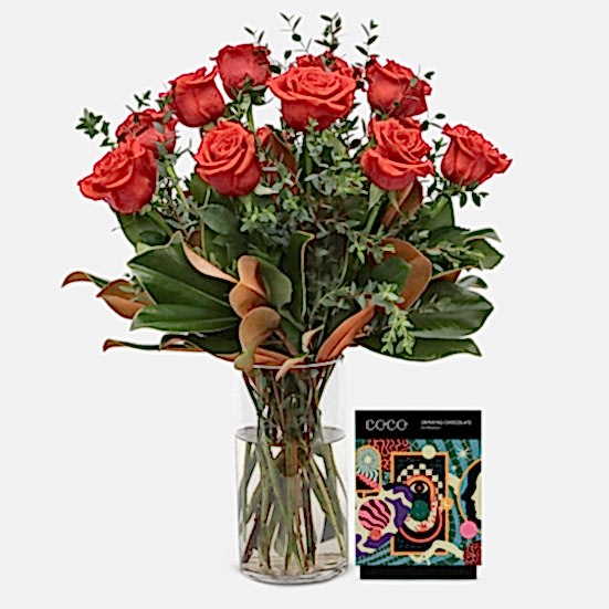 1-Dozen Elegant Roses + COCO Peppermint Drinking Chocolate Housewarming