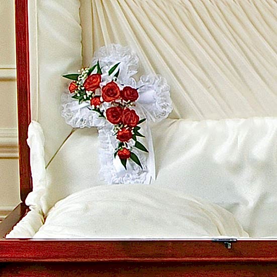 Red & White Satin Cross Casket Pillow Personal Sympathy Tributes