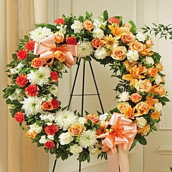 Serene Blessing Standing Wreath-Peach/Orange/White Sympathy
