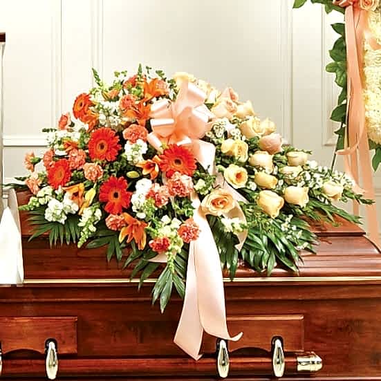 Cherished Memories Half Casket Cover-Peach & White Sympathy