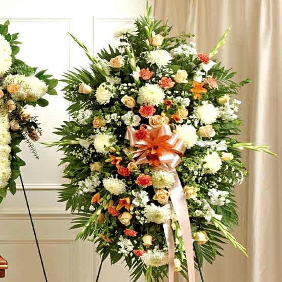 Deepest Sympathy Standing Spray-Peach/Orange/White Sympathy