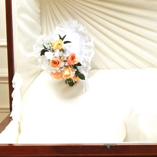 Peach and White Satin Heart Casket Pillow Personal Sympathy Tributes