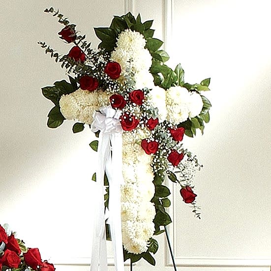 Sympathy Cross on Easel Red and White Sympathy