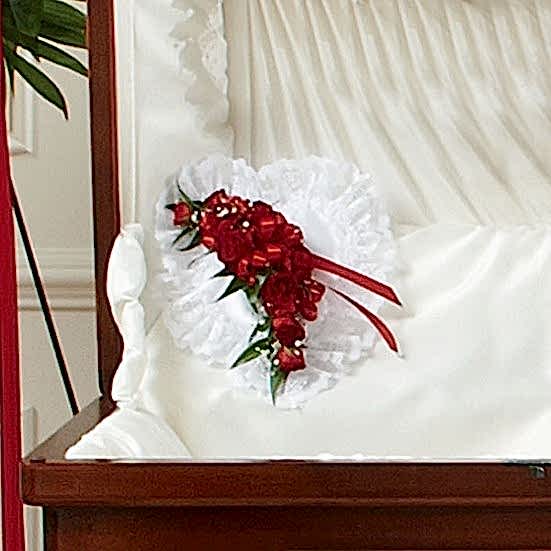 Red and White Satin Heart Casket Pillow Personal Sympathy Tributes